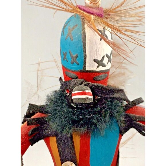 Kachina Tribal Dancing Doll Shells Feathers Leather Wood 7" Signed